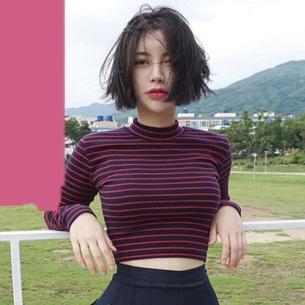 

шикарный универсальный классический тонкий полосовой короткой открытой пупок тонкий половина высокой шеи длинным рукавом для женщин футболка, White