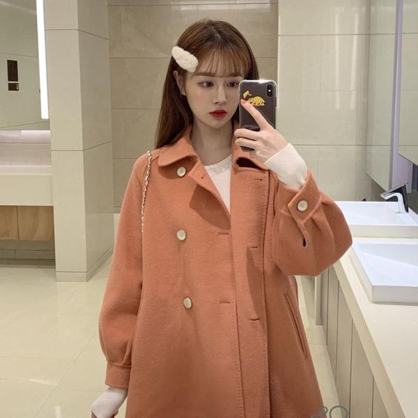 

wool coat  women long sleeve collar outwear long jacket korean casual new winter elegant overcoat women woolen coat, Black