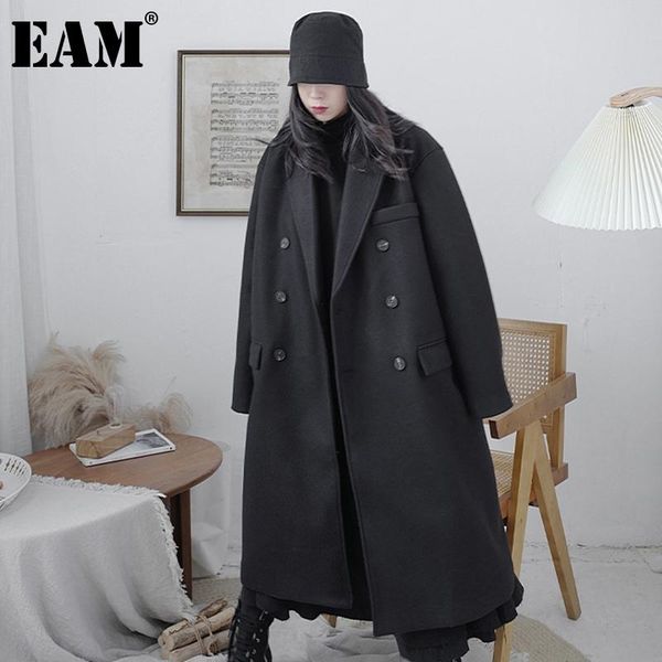 

eam] black vintage double breasted big size long woolen coat parkas new long sleeve women fashion autumn winter 2020 1dd0332