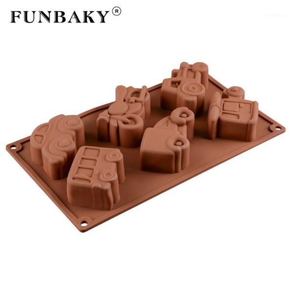 Herramientas para pasteles FUNBAKY, molde de silicona para decoración de coches de tren de 6 cavidades, decoraciones grandes en 3D, utensilios para hornear para 1