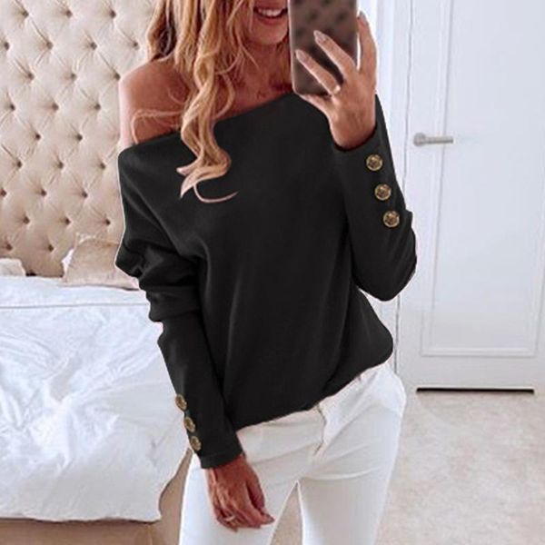 

muyogrt women off-shoulder t-shirt ladies solid color button long sleeve autumn winter warm casual loose female pullovers, White