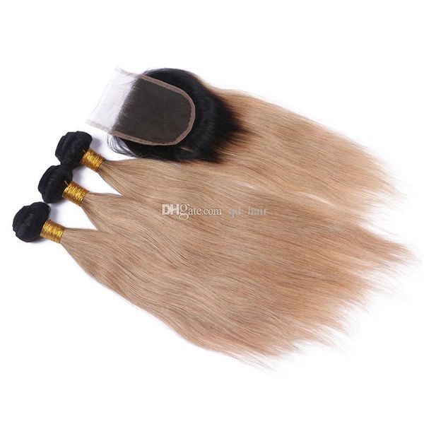 

honey blonde dark root silky straight human hair bundles with closure ash blonde 1b 27 hair weaves with 4x4 lace closure, Black