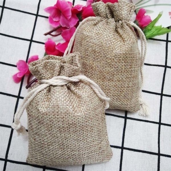 

100pcs jute gift bags 7x9 9x12 10x14cm natural burlap hessia jewelry pouch jute gift bags jewelry packaging wedding bags t200602, Pink;blue