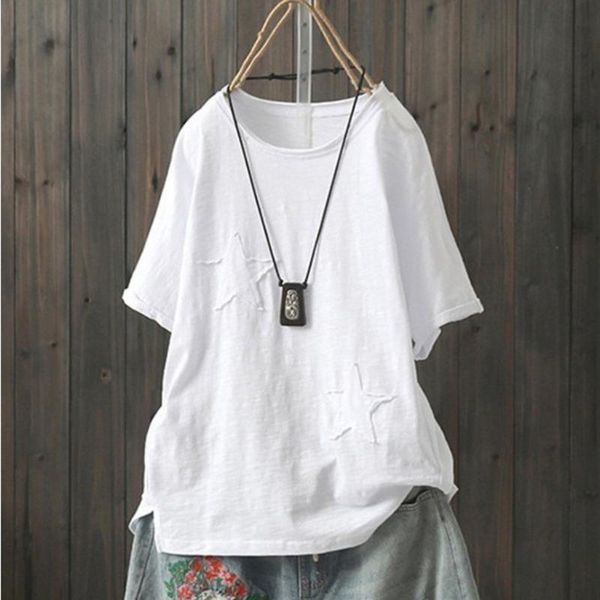 

women's blouses & shirts tunic ropa mujer fashion women short sleeve cotton pentagram print o-neck ladies blusas de moda 2021, White