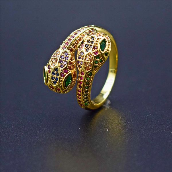 

rainbow snake ring gold pave rainbow anillo cubic zircon ring woman 24k gold jewelry anillo de serpiente, Slivery;golden