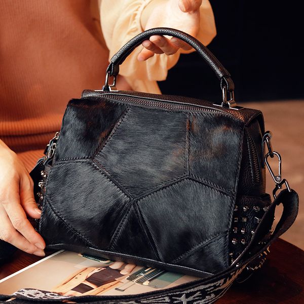 

stitching horse hair female bag 2020 new soft leather shoulder bag korean fashion rivet handbag wild messenger