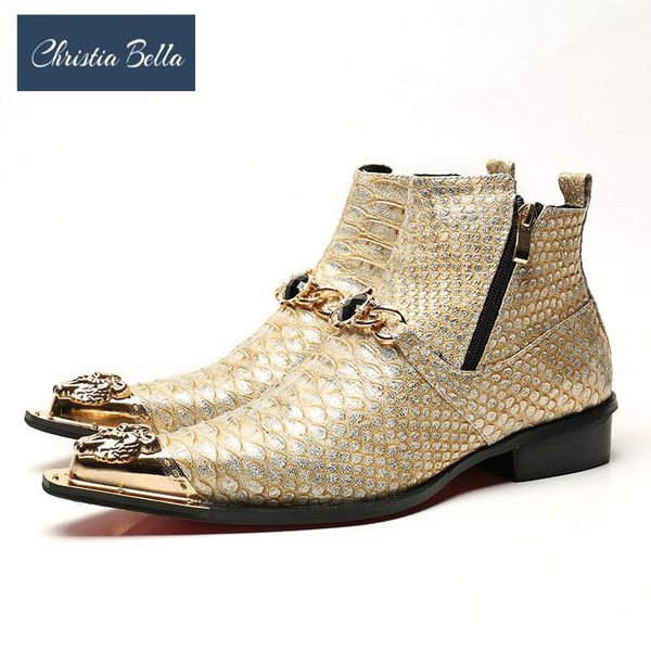 

christia bella fashion crystal chain men short boots autumn winter real leather metal pointed toe zipper designer formal boots, Black