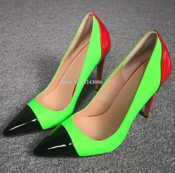 

fluorescent green stiletto heel pumps shoes women pointed toe mixed color high heels single shoes lady real ps, Black