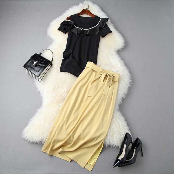 

2020 summer women's new split split skirt shoulder ruffle pin drill + slit skirt fashion set t11020 ym3v5, Gray