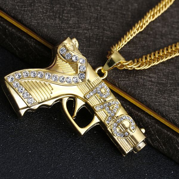 

fashion hip hop iced out pendant necklace jewelry gold chain gun shape pistol pendant necklace for men fashion design, Silver