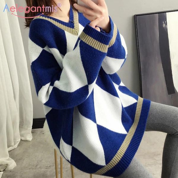 

aelegantmis argyle v neck oversize women sweater 2020 autumn clothes korean loose long vintage sweater knitted ladies pullover1, White;black