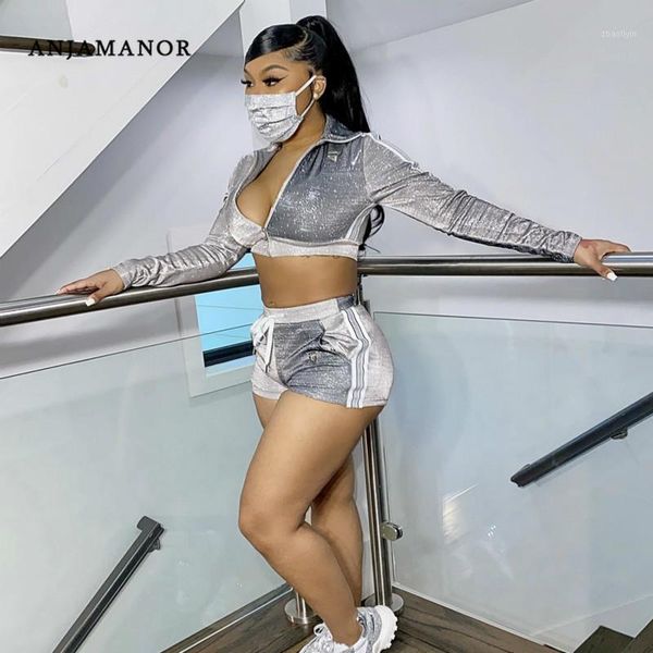 

anjamanor silver glitter 2 piece outfits for women club wear 2020 sporty two piece short matching sets tracksuit d18-ai071, White