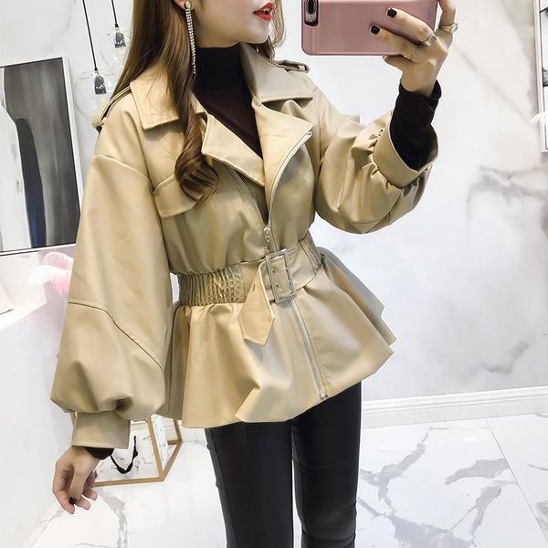 

ewq] 2020 autumn new long sleeve women motor storm simple and loose waist khaki ladies leather jacket short pu winter coats1, Black