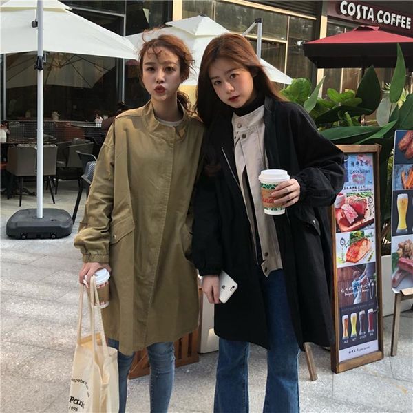 

women coat 2020 spring new female korean chic loose solid color round neck long sleeve windbreaker personality women's trench1, Tan;black