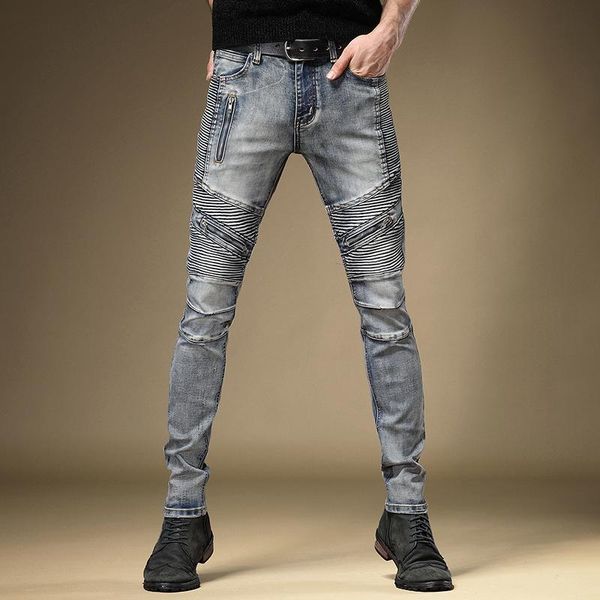 

new men's male american jeans trendy brand stitching crumpled old retro locomotive high-end denim pants trousers, Blue