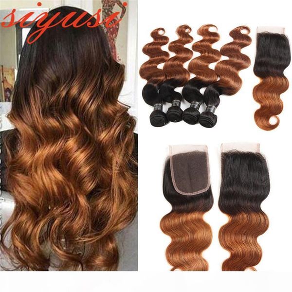 

pre-colored ombre brazilian hair bundles with closure 1b 27 body wave human hair 1b 30 brazilian hair weave bundles with closure, Black;brown