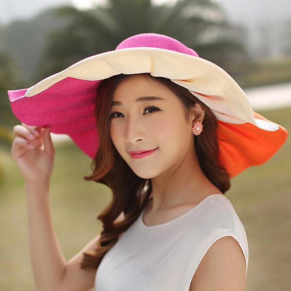 

women floppy ruffle stitch paper sun hat with bowknot fashion wide large brim hats summer beach color block caps uv protection, Blue;gray