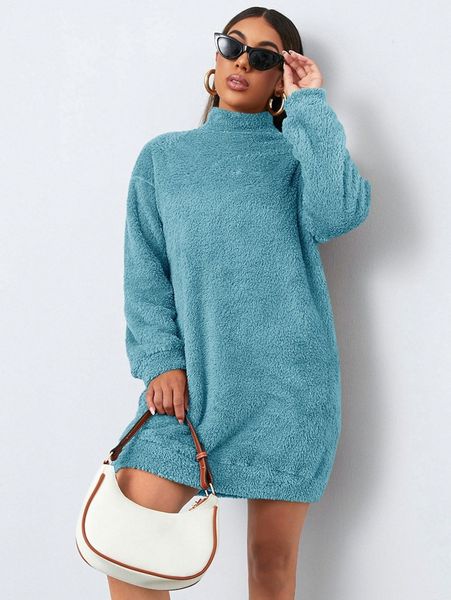 

mock-neck drop shoulder teddy sweatshirt dress w322#, White;black
