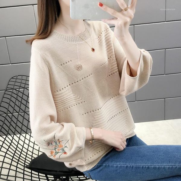 

women's sweaters embroidered hollow sweater women round neck lantern sleeves loose thin knitted jumpers pullovers female 2021 spring1, White;black