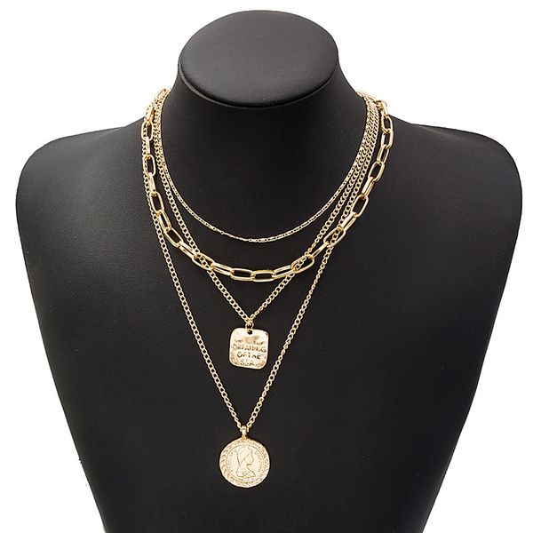 

multilayer alloy chain hip hop style portrait pendant necklace jewelry for gift, Silver