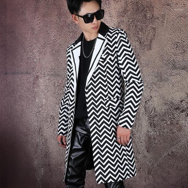 

new printed suit personality splicing mid-length suit outer m-6xlplus-size stage costumes1, White;black