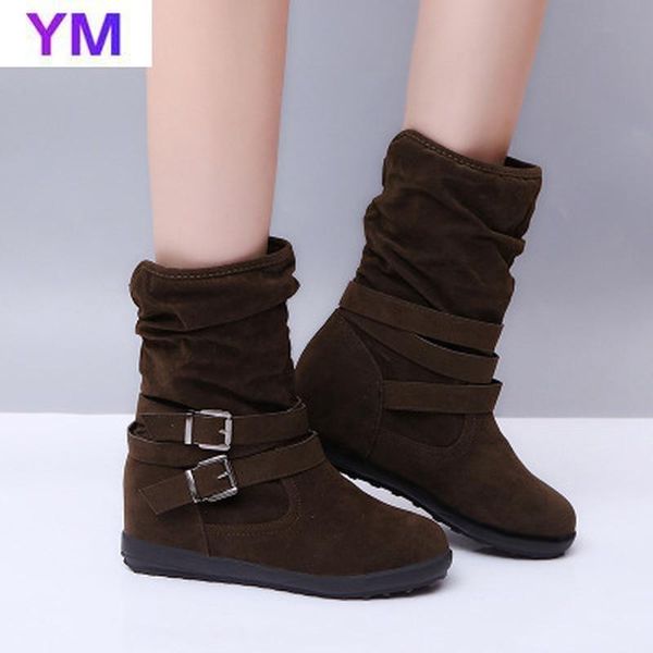 

women fashion classics ankle boots winter round toe flats heel snow boots buckle strap solid color leather plus size 35-43, Black