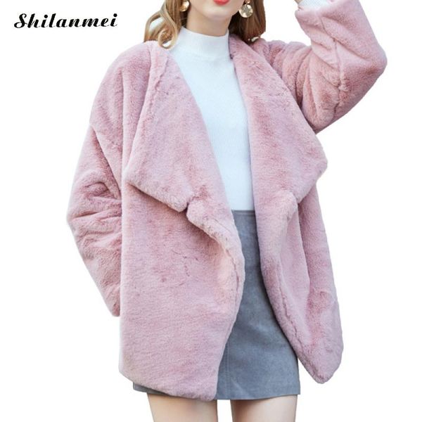 

девушки розовый furry шуба цвета конфеты крупногабаритные норки корейский стиль плюс размер длинные пушистые шинель сладкая зима outwear, Black