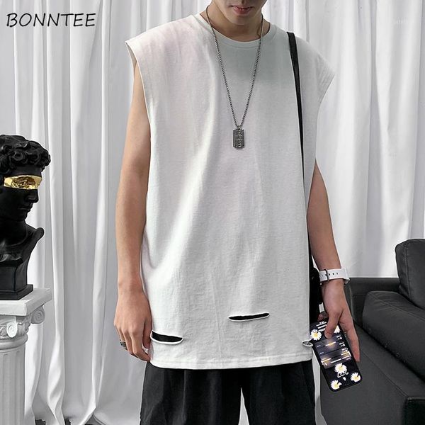 

men tanks camis solid holes harajuku ripped hip-hop korean style chic leisure loose oversize summer simple breathable vintage1, White;black