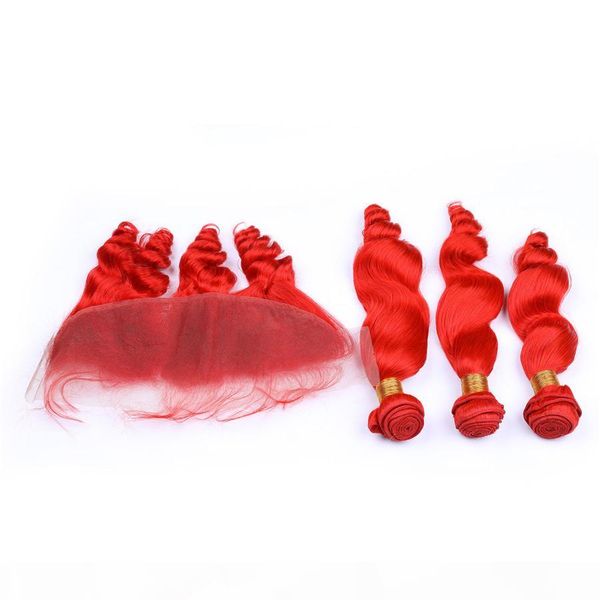 

red human hair weaves with lace frontal closure red hair extensions with earl to ear full frontal closure loose wave wavy hair weaves, Black