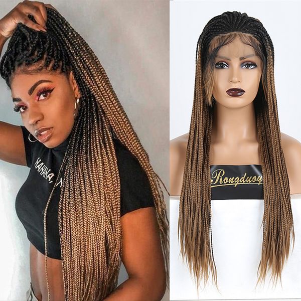 

rongduoyi two tone braided box braids wigs for women long synthetic lace front wig ombre brown high temperature hair cosplay wig, Black;brown