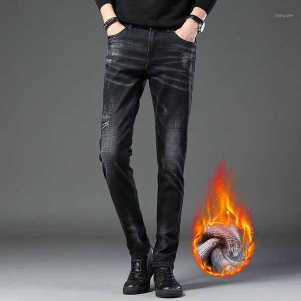 

2020 new men's casual business jeans plus velvet thick jeans, Blue