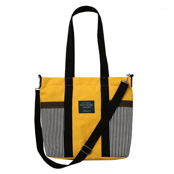 

purfay stripe two pocket canvas women shoulder bag cotton tote shopper bag eco reusable shopping handbag cloth backpack1