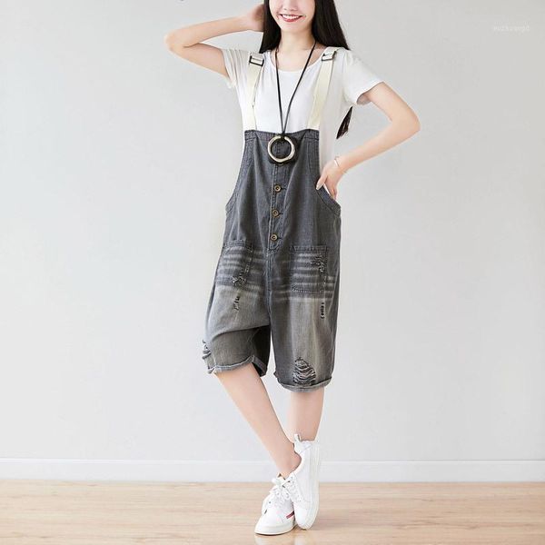 

#0319 grey denim cotton overalls for women vintage oversized loose adjustable strap wide leg playsuits front buttons pockets1, Black;white