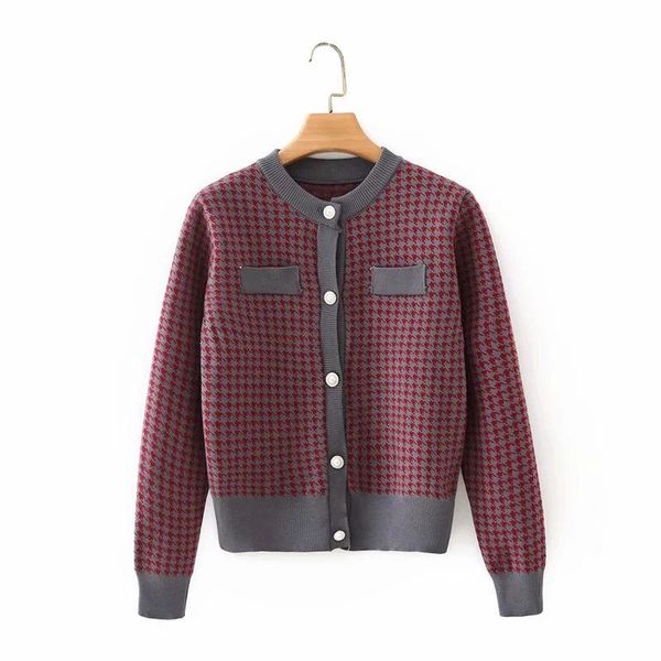 

houndstooth stitching cardigan sweater, White