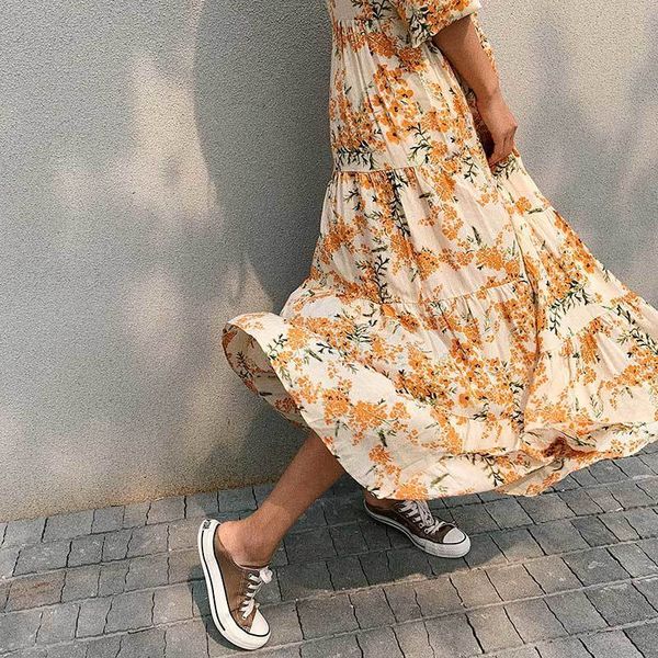

boho inspired yellow floral long sleeve 2020 autumn women dress loose pleated long summer dresses chic casual boho dress new lj200824, Black;gray