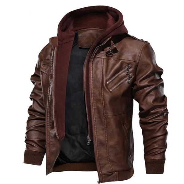 

mens warm jacket winter motorcycle leather jacket windbreaker hooded pu jacket male outwear waterproof jackets and coats for men 201116, Black;brown