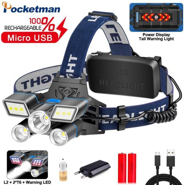 

brightes red/blue/white light led headlamp l2+ 2*t6 headlight usb rechargeable head light with tail warning waterproof1