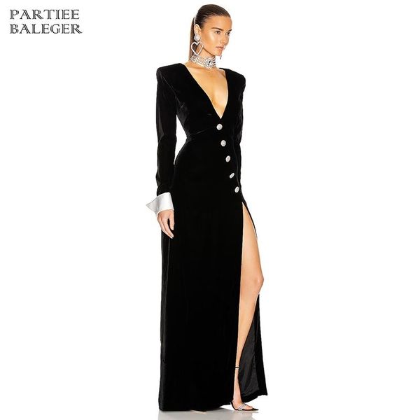 

pb free shipping 2020 новый модный бисер кнопка design sexy глубокий v шеи сплит длинные рукава партии знаменитости velvet maix длинное плат, Black;gray