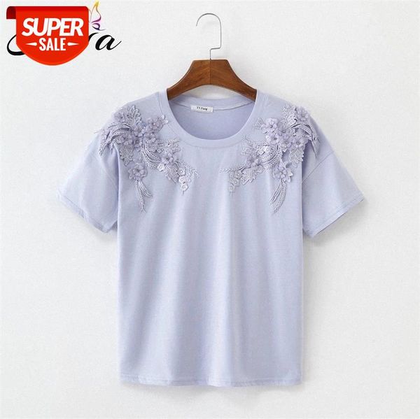 

h.sa women 2019 summer short sleeve embroidery appliques beaded flowers stylish and tees female t shirts mujer casual tee #zb6w, White
