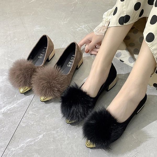 

fur boat shoes 2020 winter autumn metal gold pointed toe women slip on shoes faux suede comfort ladies mid heels loafers 8480n #g15d, Black