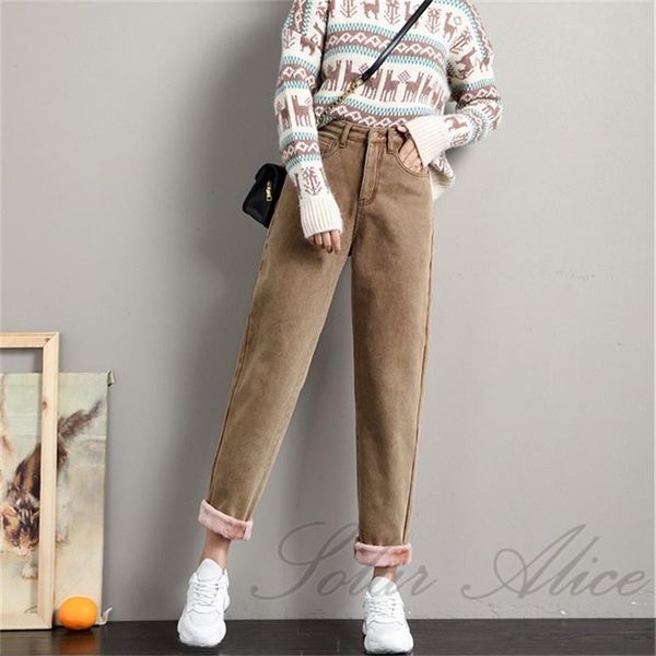 

women's jeans 2021 winter plus velvet harem fleece thick brown casual pants, Blue