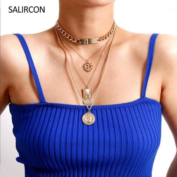 

salircon bohemia carved portrait heart pendant necklaces multi layer gold color long necklace choker punk women party jewelry1, Silver