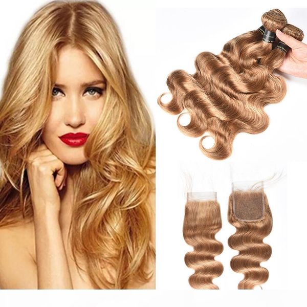 

brazilian body wave #27 honey blonde human hair weaves 3 4 bundles with 4x4 lace closure straight body wave hair wefts with closure, Black;brown