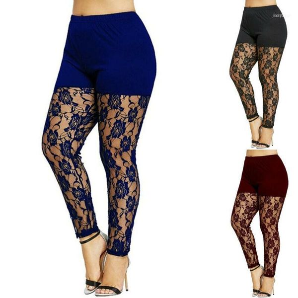 

plus size women lace hollow out leggings high waist pencil pants skinny lace floral trouser casual style womens homewear11, Black