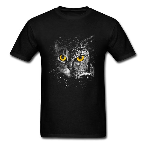 

sport disguise two face 2018 watercolor t shirt men owl & cat printed black t-shirt summer fitness custom student clothes