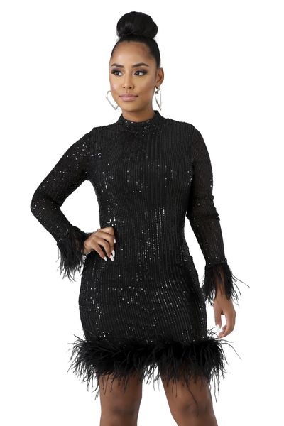 

2020 new club party sequined feather dress, White;black