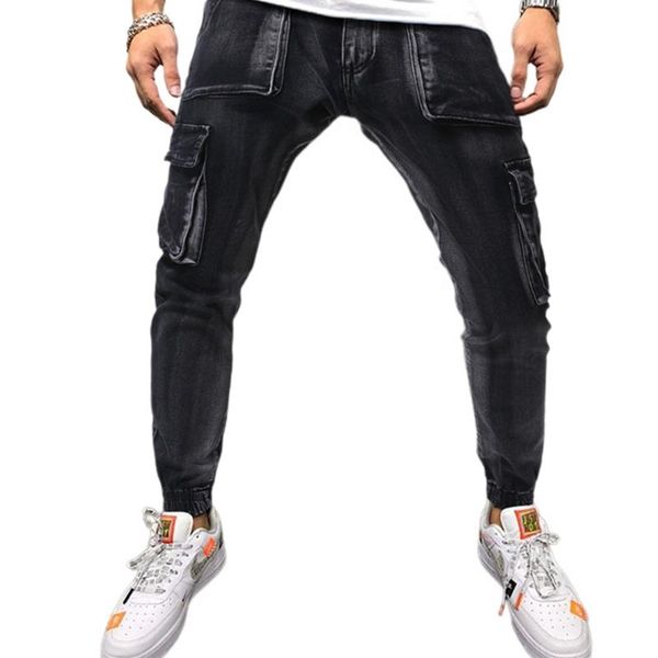 

jeans men 2020 new fashion casual european size men's solid color multi-pocket zipper slim denim jeans for men, Blue