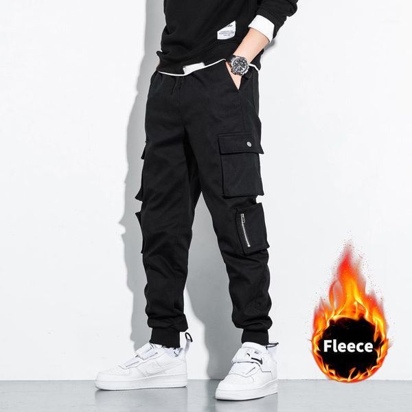 

men's pants 2021 fashion winter thick fleece warm casual men streetwear multi-pockets cargo jogger pants1, Black
