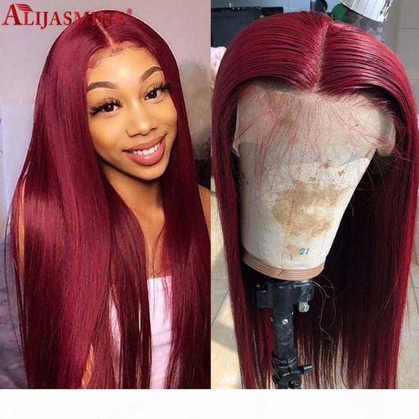 

180 density silk straight 99j lace front wig brazilian remy burgundy red 99j 13x4 lace frontal human hair wigs for black women, Black;brown