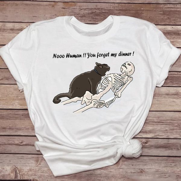 

women t-shirts cat funny skull pet cute fashion trend 90s animal lady tshirt female ladies print graphic tee t-shirt, White